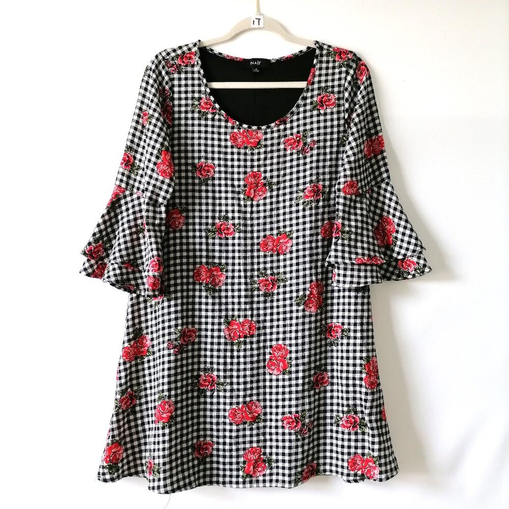 Naif Womens Black & White Round Neck Bell Sleeve Floral Blouse Top Size M